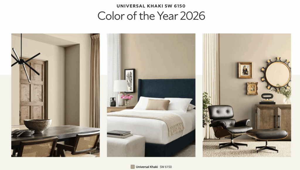Discover Sherwin Williams 2026 color trends, including Universal Khaki, Frosted Tints, Sunbaked Hues, Restorative Darks, and Foundational Neutrals. Inspiration for stylish, timeless interiors.